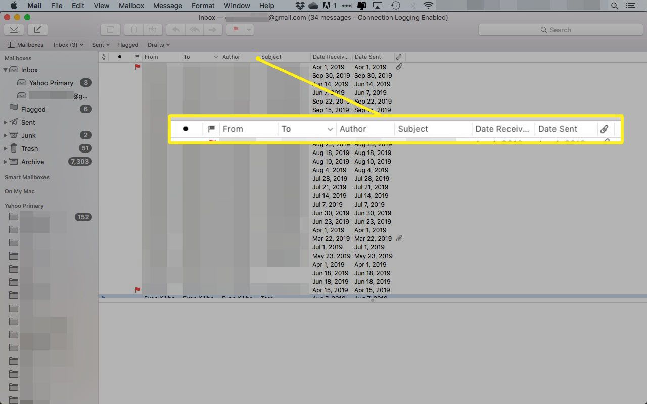 OS X Mail v klasickém rozvržení se zvýrazněnými sloupci