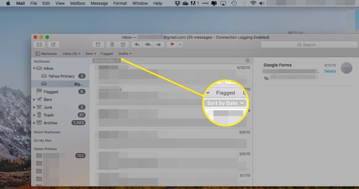 OS X Mail v poli se zvýrazněnou hlavičkou Seřadit podle