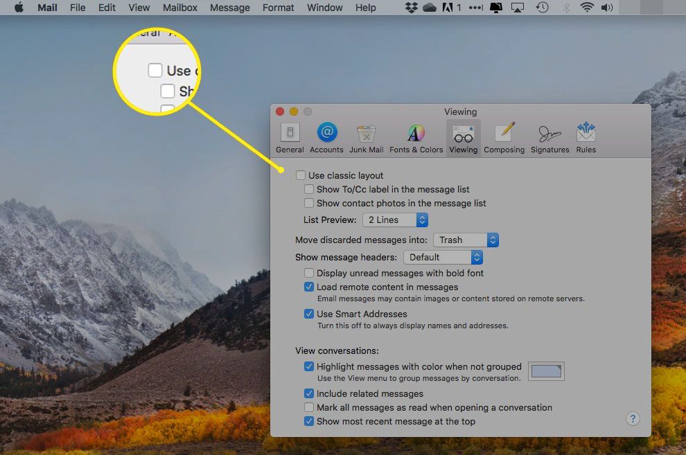 Podokno prohlížení předvoleb OS X Mail se zvýrazněným políčkem vedle „použít klasické rozložení“