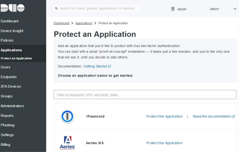 Screenshot možností aplikace Duo's Protect an Application.