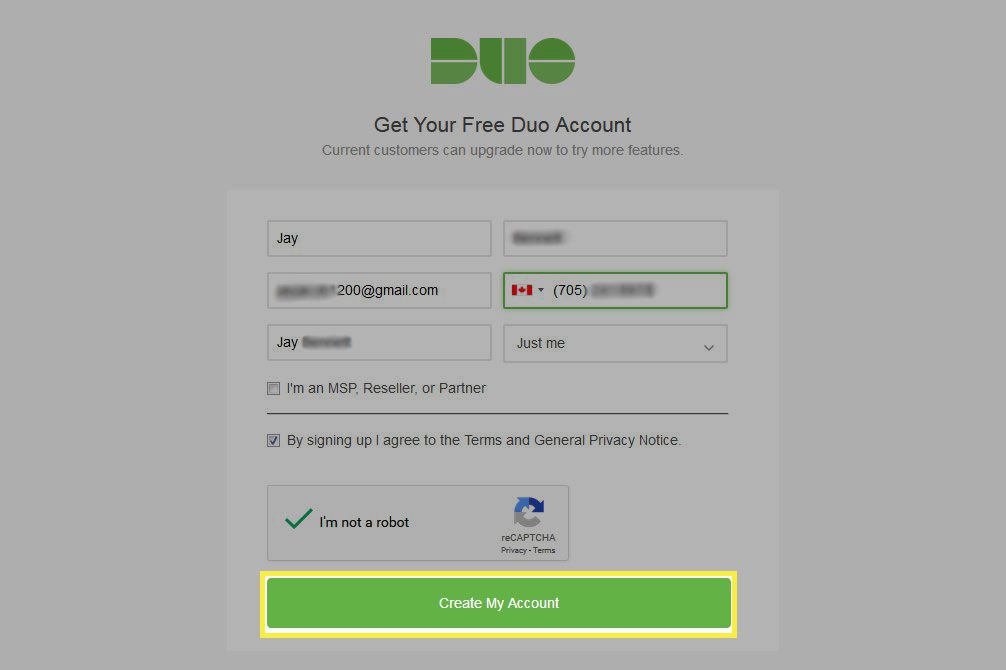Přejděte na bezplatnou stránku pro registraci účtu Duo, zadejte své údaje a vyberte Vytvořit můj účet.