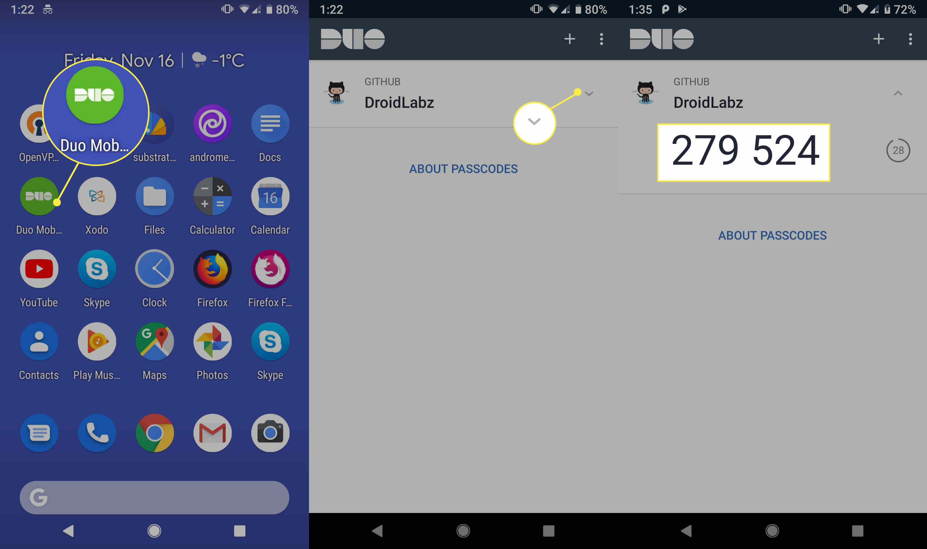 Duo Mobile generuje přístupový kód pro účet třetí strany.