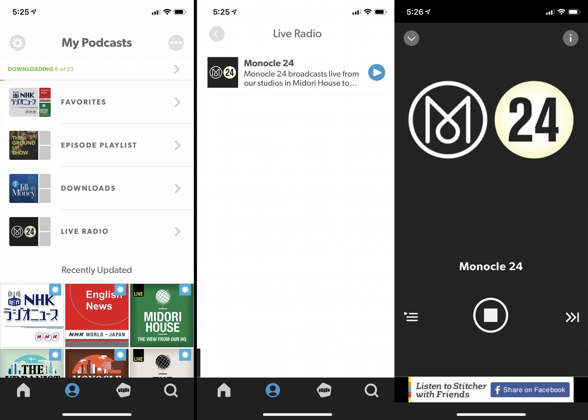 Online rozhlasová stanice Monocle 24 hrající v aplikaci iPhone Stitcher.
