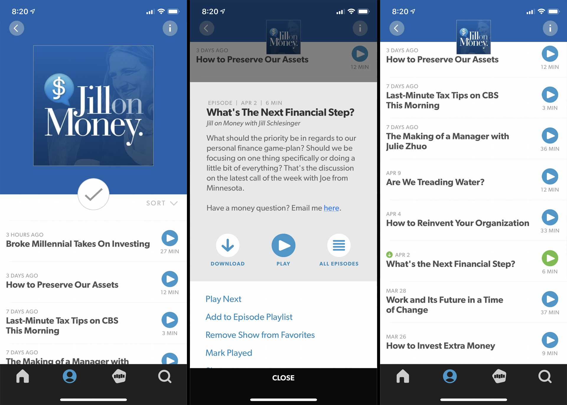 Screenshot z aplikace Stitcher pro iPhone zobrazující stahování epizody podcastu Jill on Money.