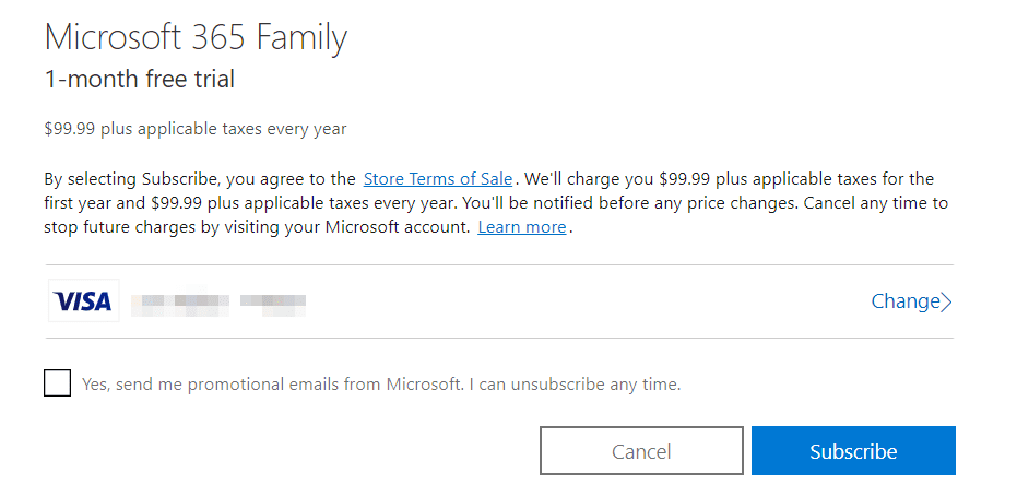 Screenshot ze souhrnné stránky bezplatné zkušební verze Microsoft 365 Family