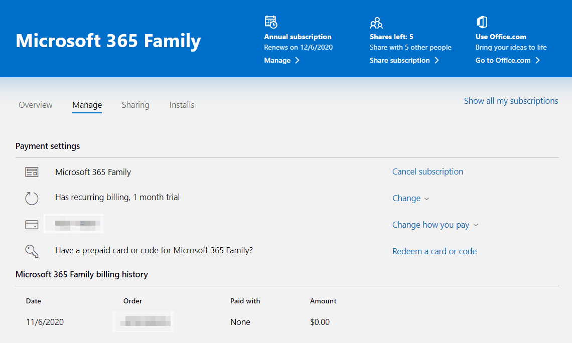 Screenshot stránky pro správu Microsoft 365 Family