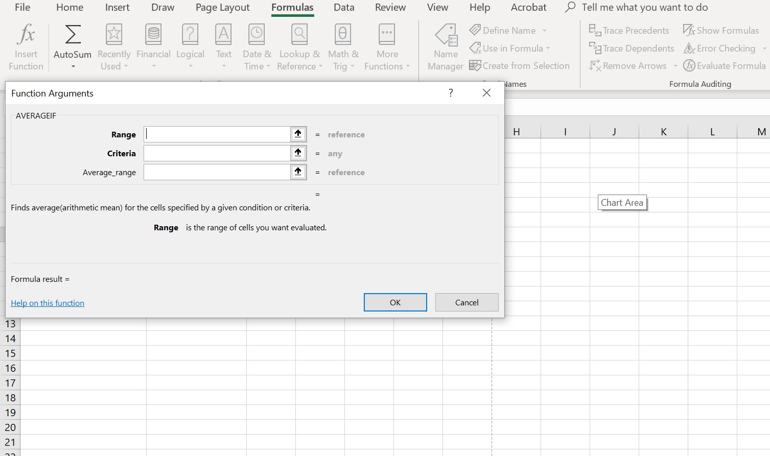 Dialogové okno Funkce aplikace Excel pro funkci AVERAGEIF.