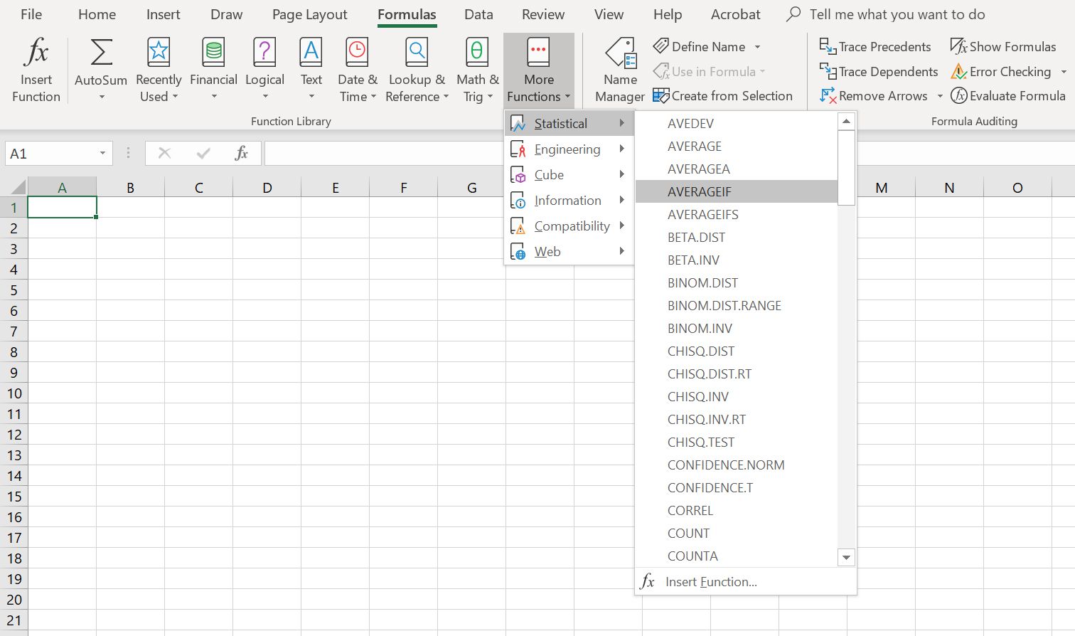 Rozevírací nabídka Další funkce aplikace Excel s vybraným AVERAGEIF.