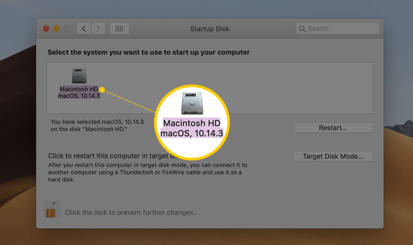 Macintosh HD je vybrán jako spouštěcí disketa