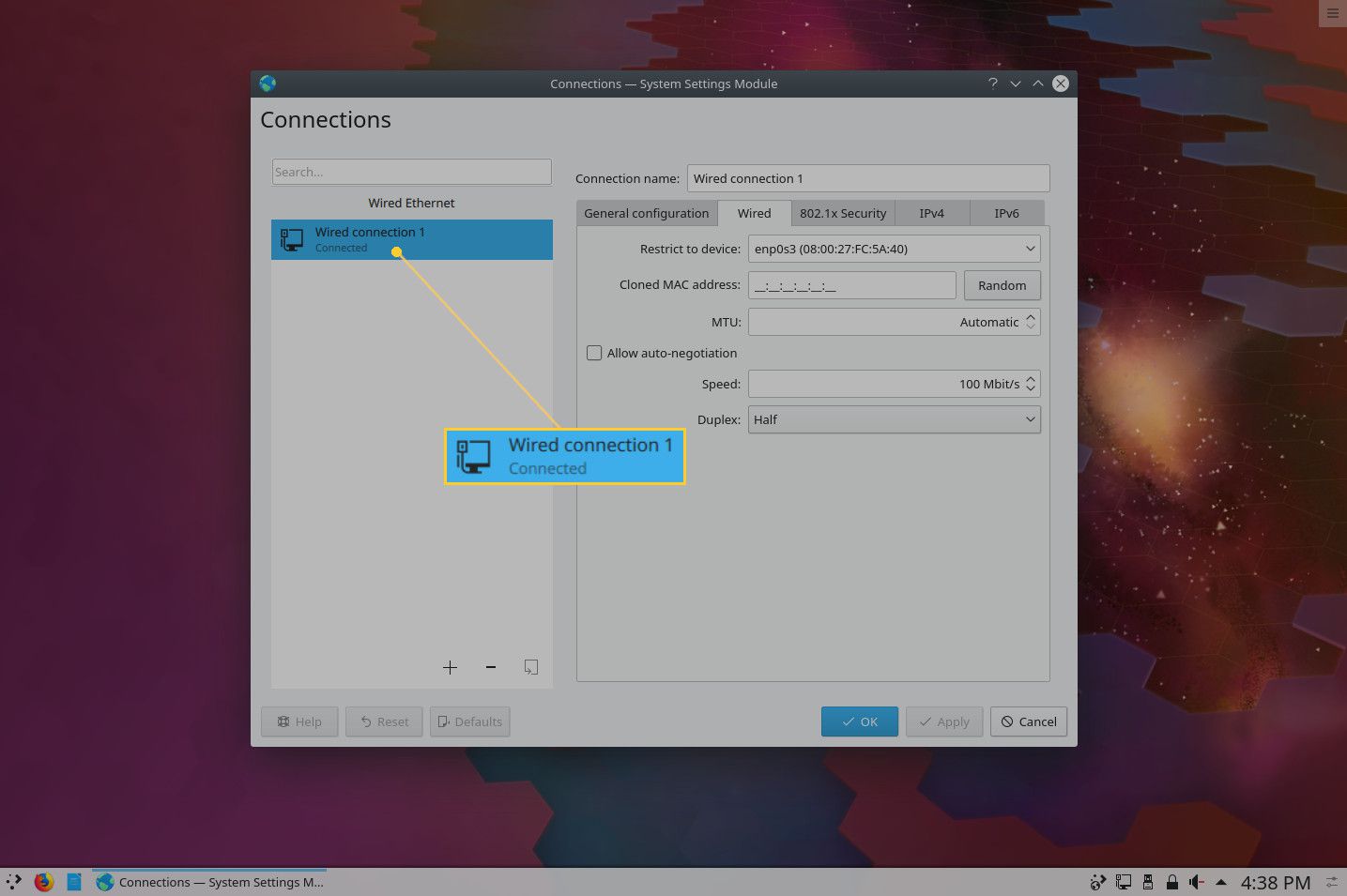 Screenshot okna možností připojení KDE.
