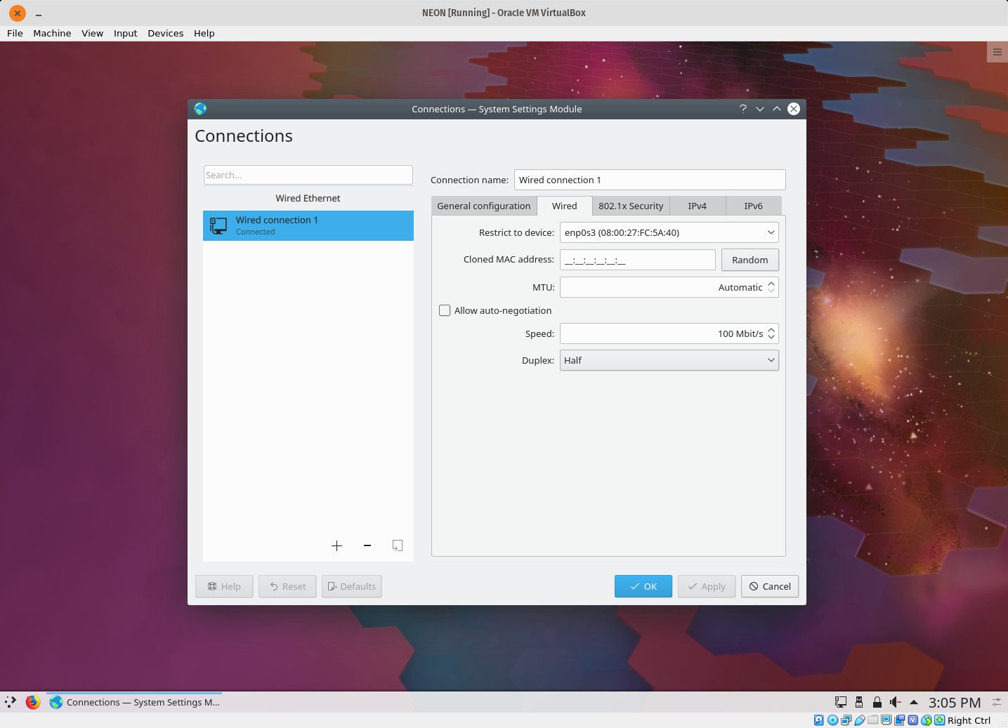 Screenshot okna připojení KDE.