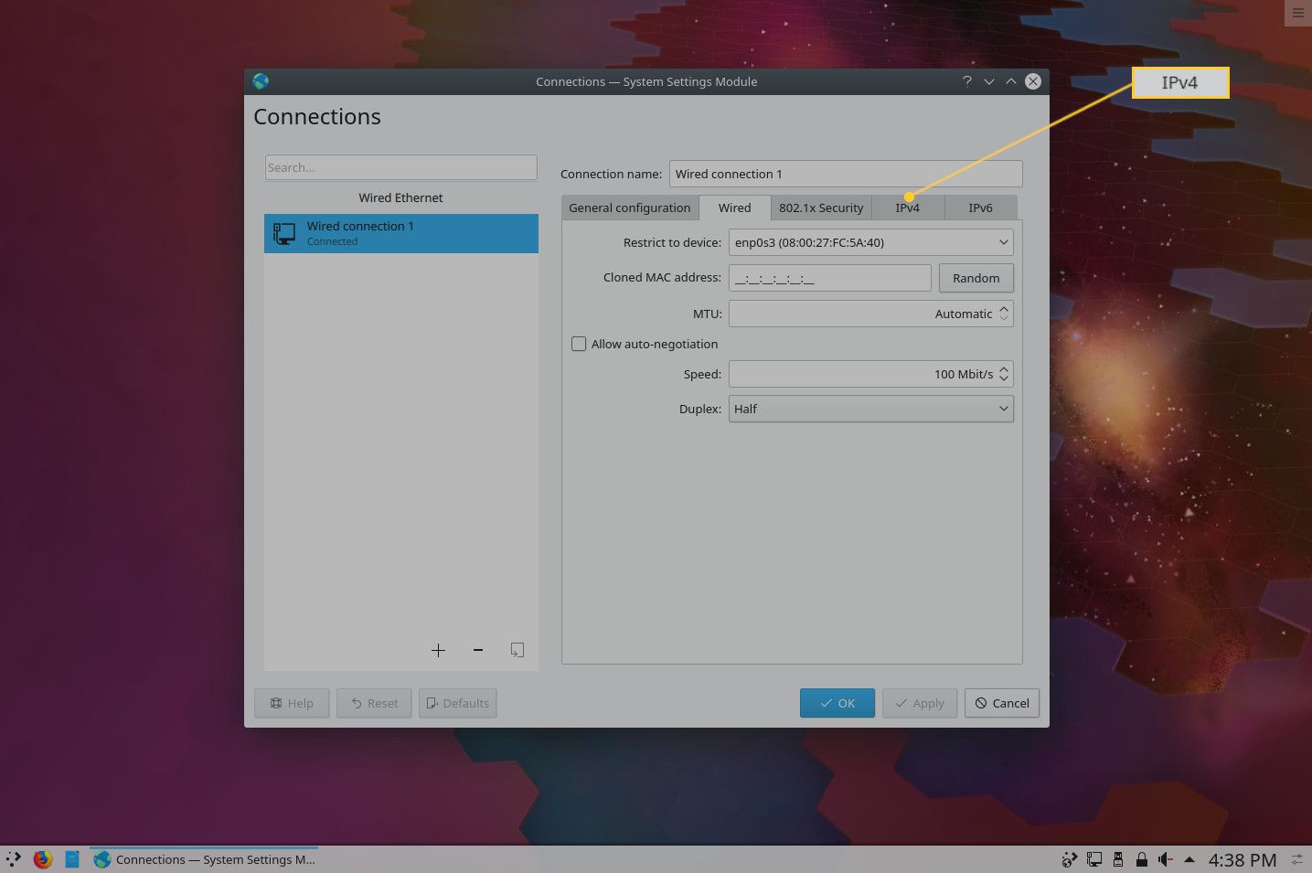Screenshot karty KDE Network IPv4.