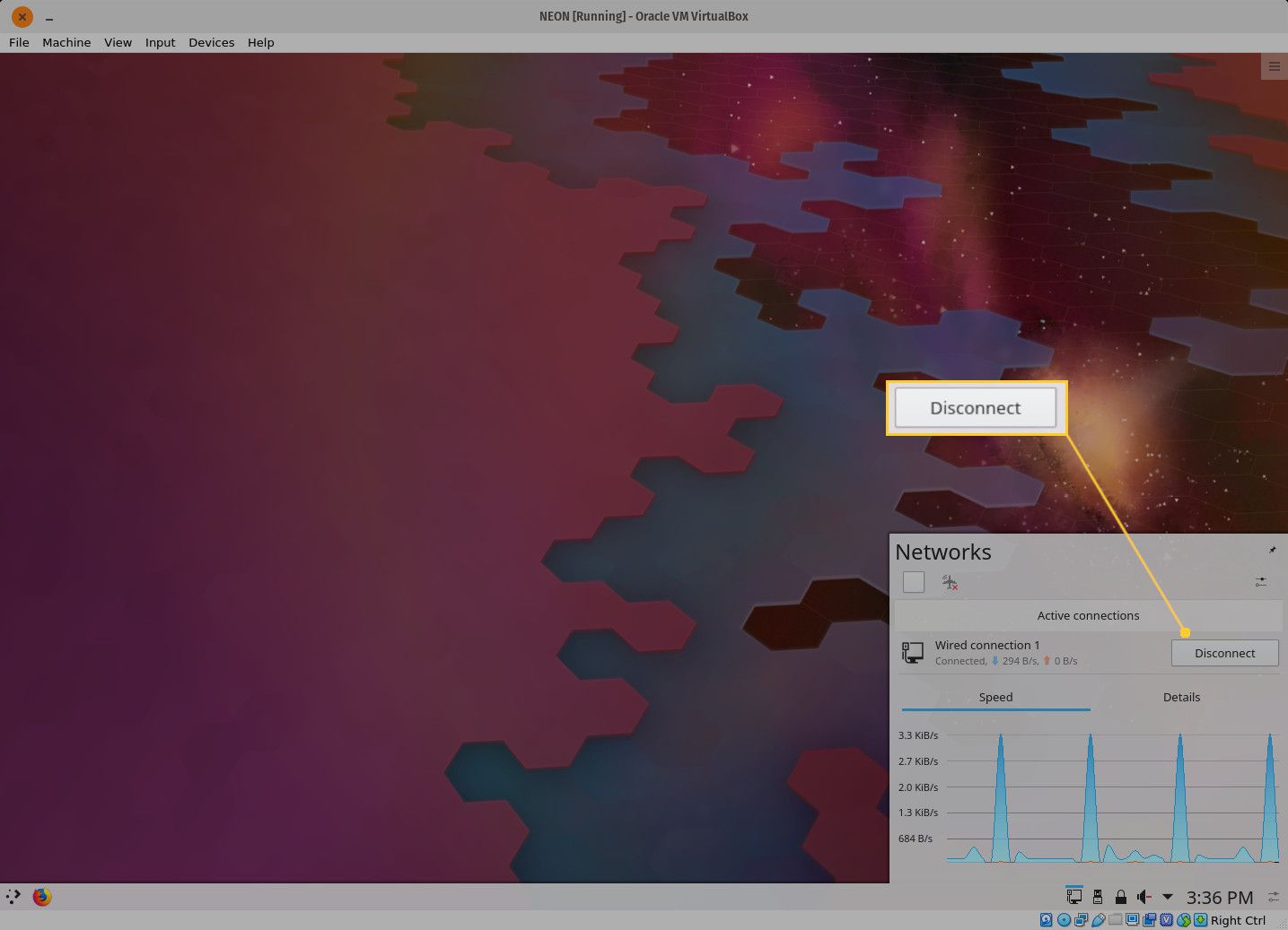 Screenshot tlačítka Odpojit plazmové sítě KDE.