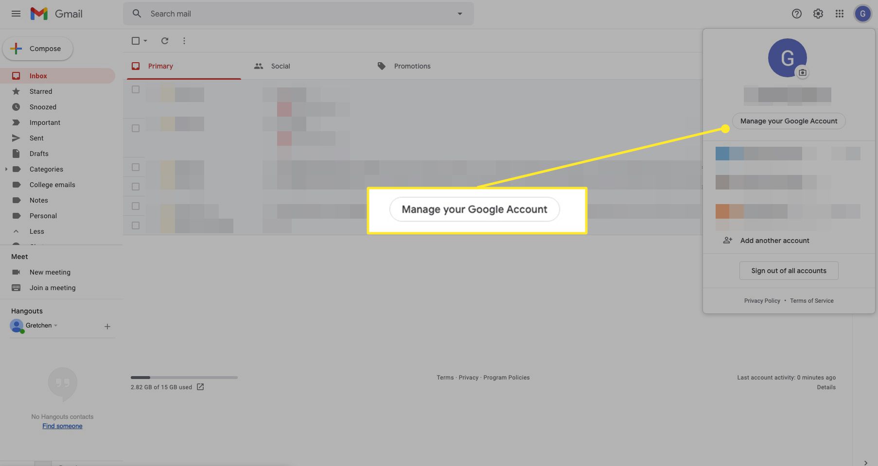 Nastavení Gmailu se zvýrazněnou správou vašeho účtu Google