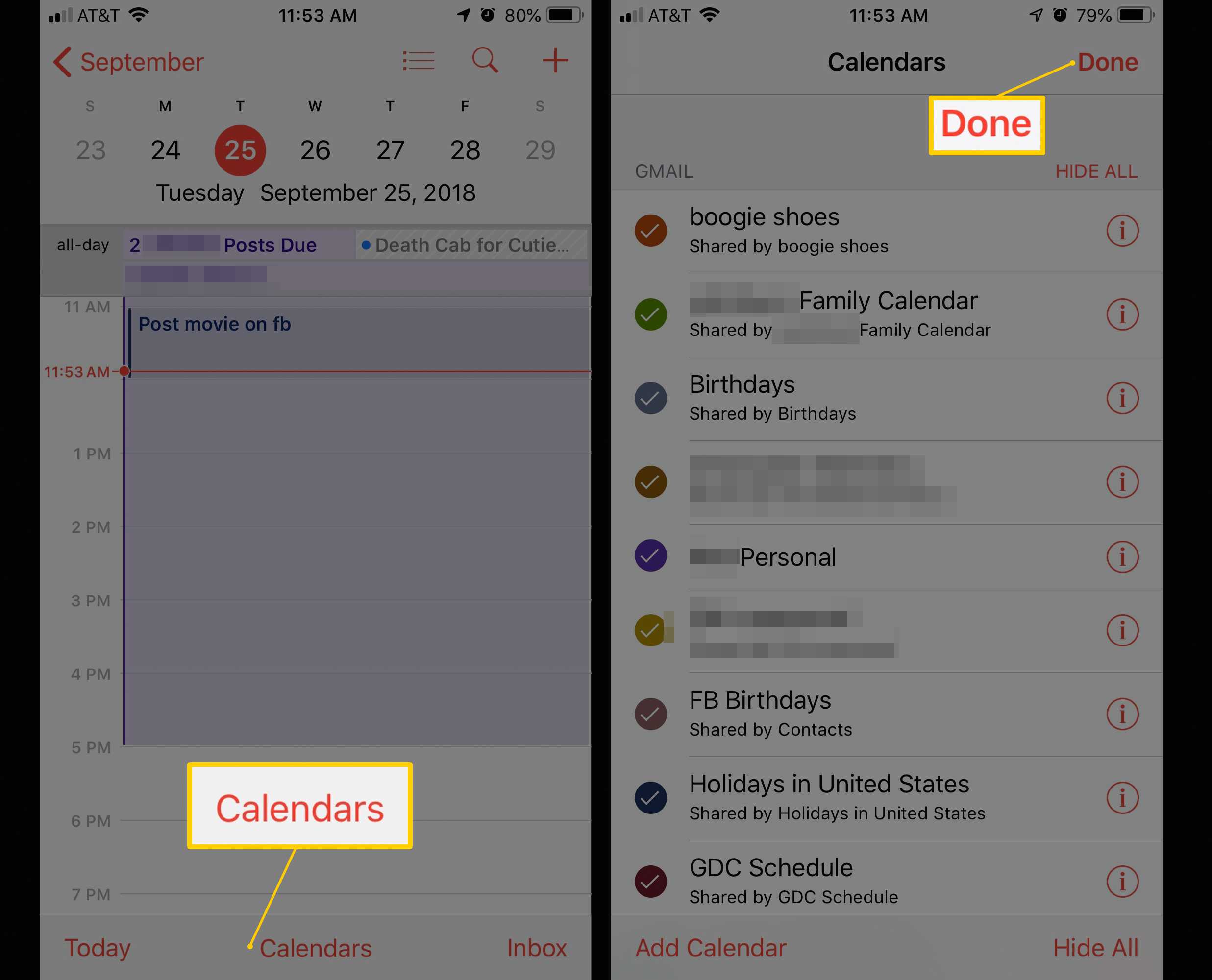 Dvě obrazovky iOS zobrazující tlačítko Přidat kalendář v aplikaci Kalendář a tlačítko Hotovo