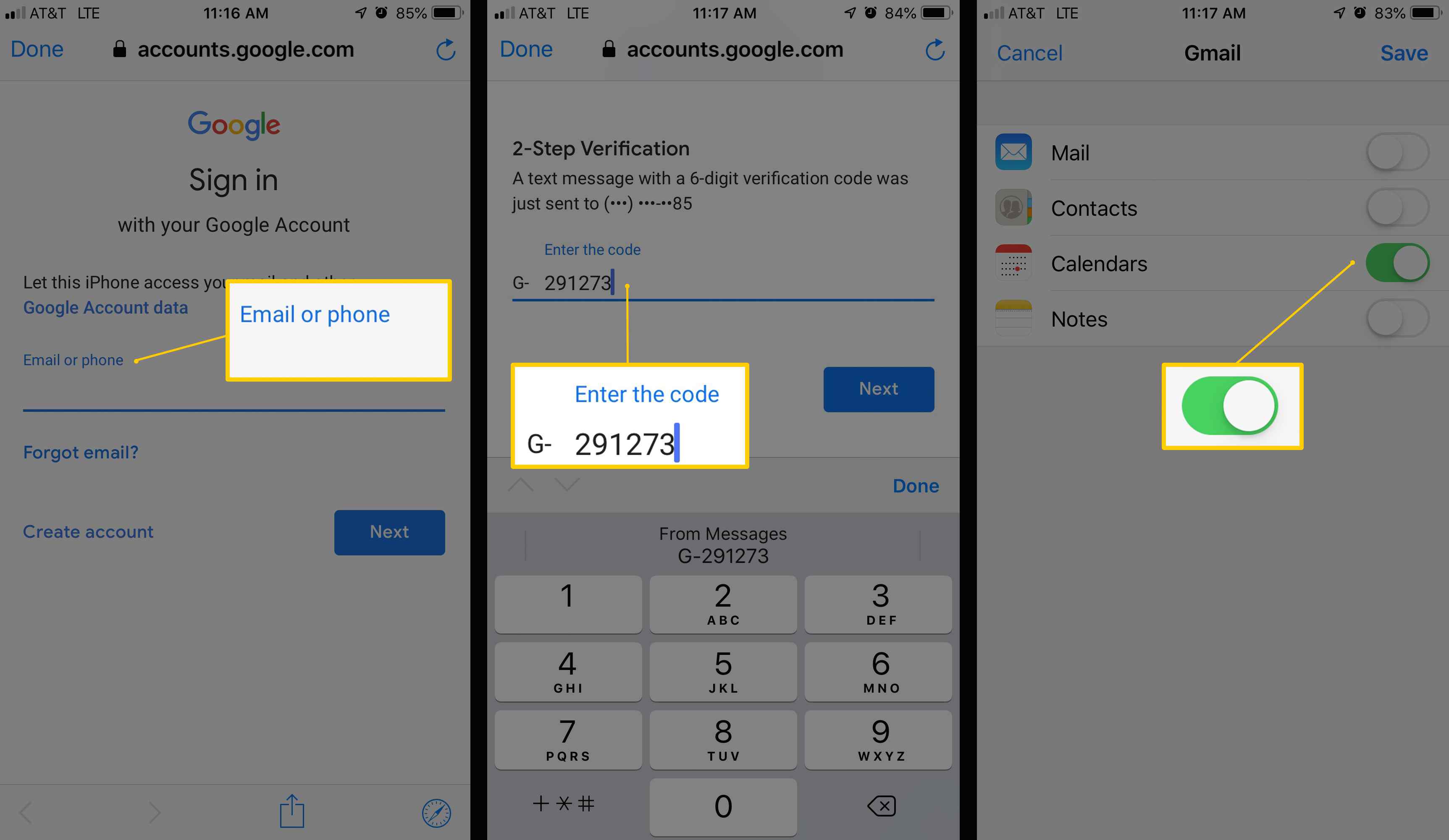 Tři obrazovky iOS zobrazující přepnutí e-mailu nebo telefonu, zadání bezpečnostního kódu a kalendáře