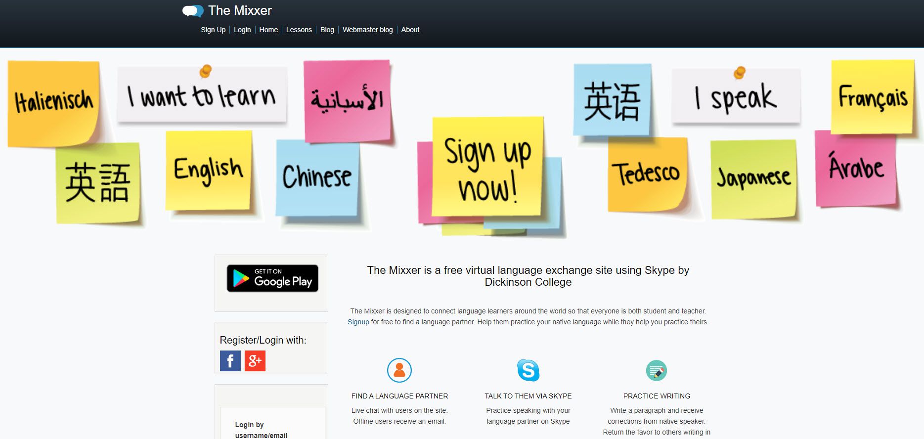 Screenshot webové stránky Mixxer pro studium jazyků.
