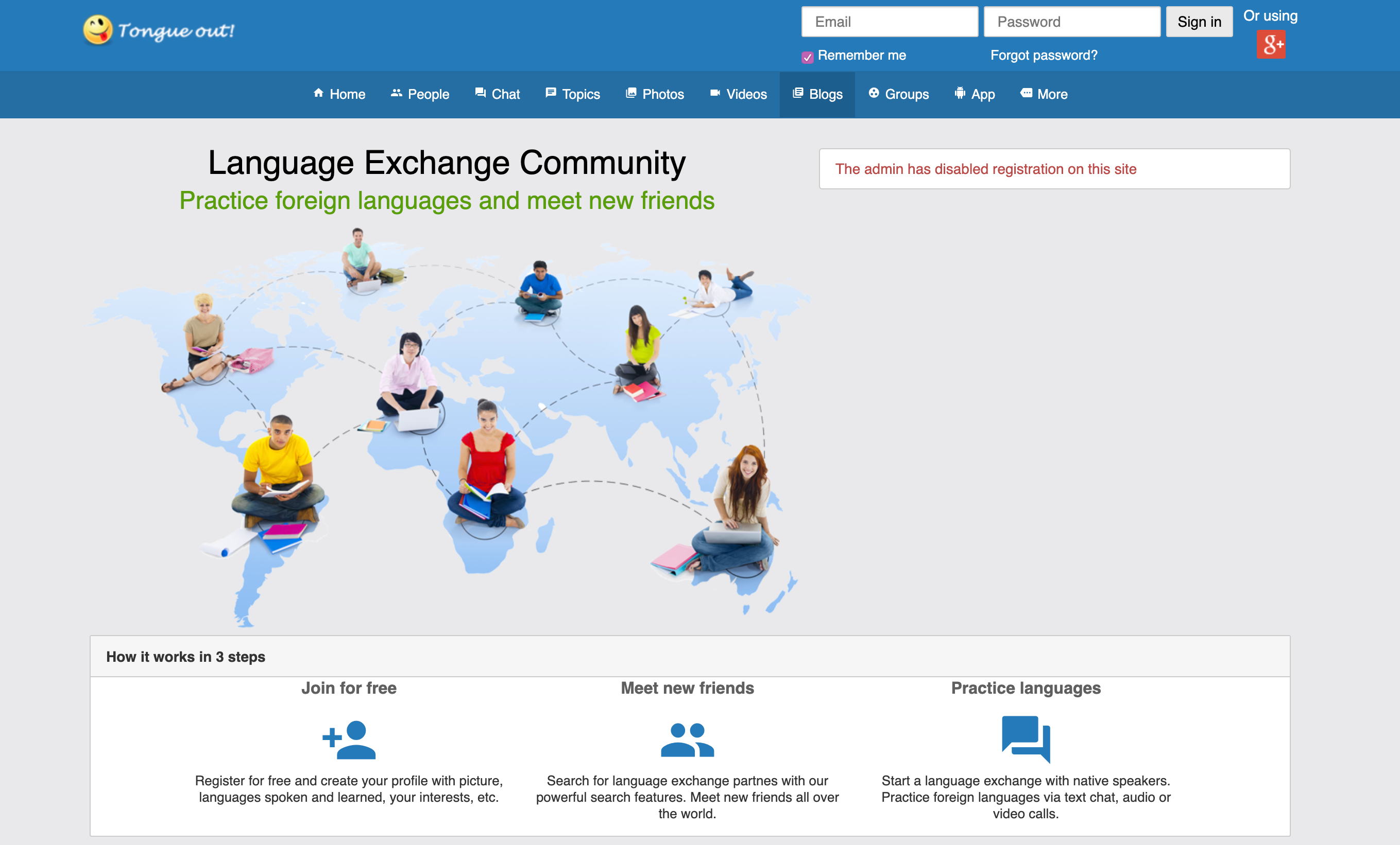 Screenshot webové stránky Toungueout.net pro studium jazyků.