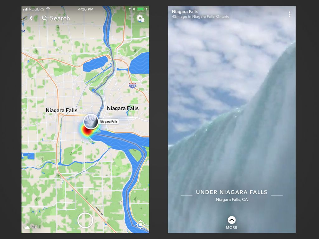 Dva snímky obrazovky Snap Map v aplikaci Snapchat pro iOS.