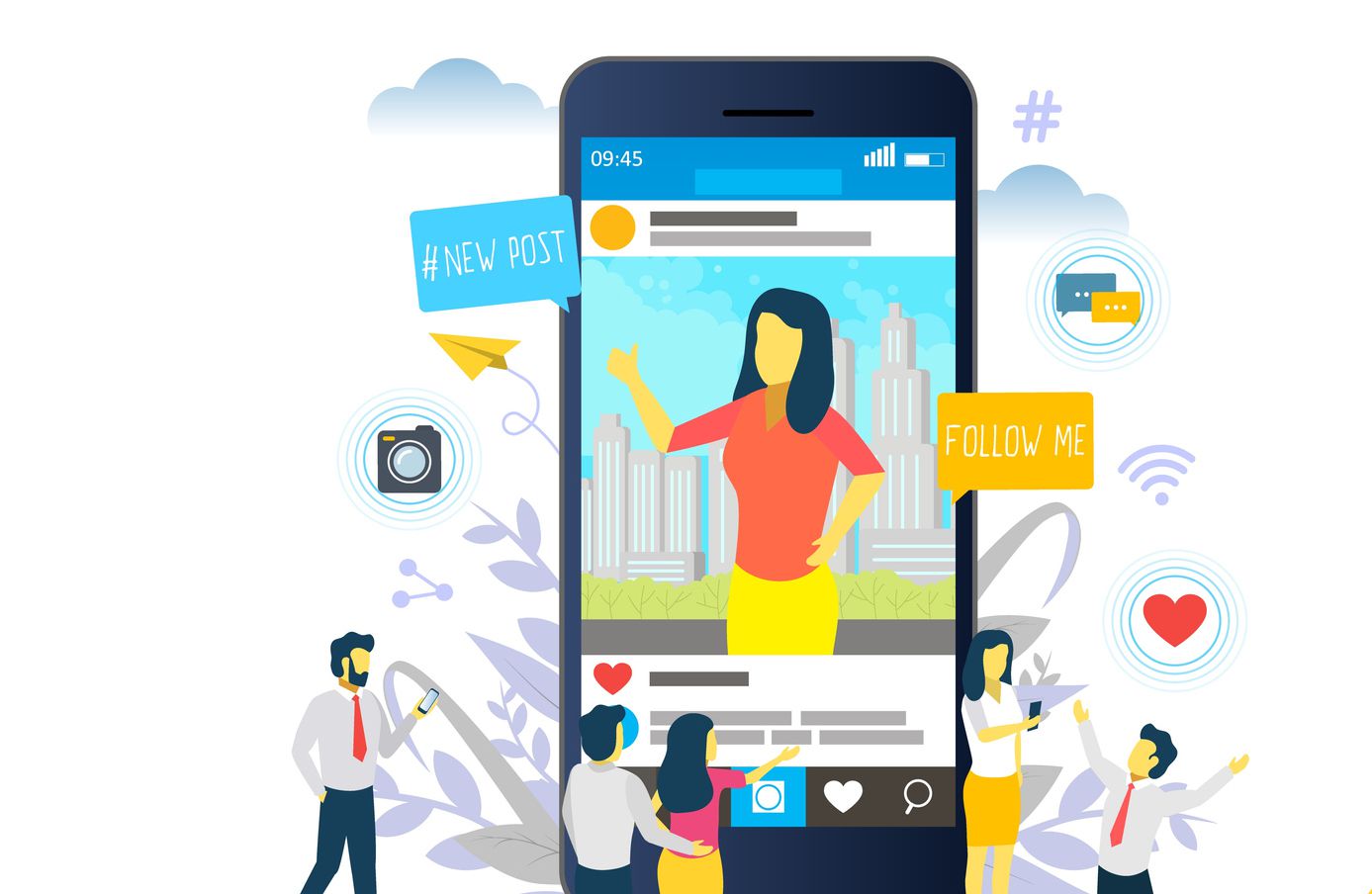Ilustrace Instagramu s lidmi, kteří mají rádi telefon