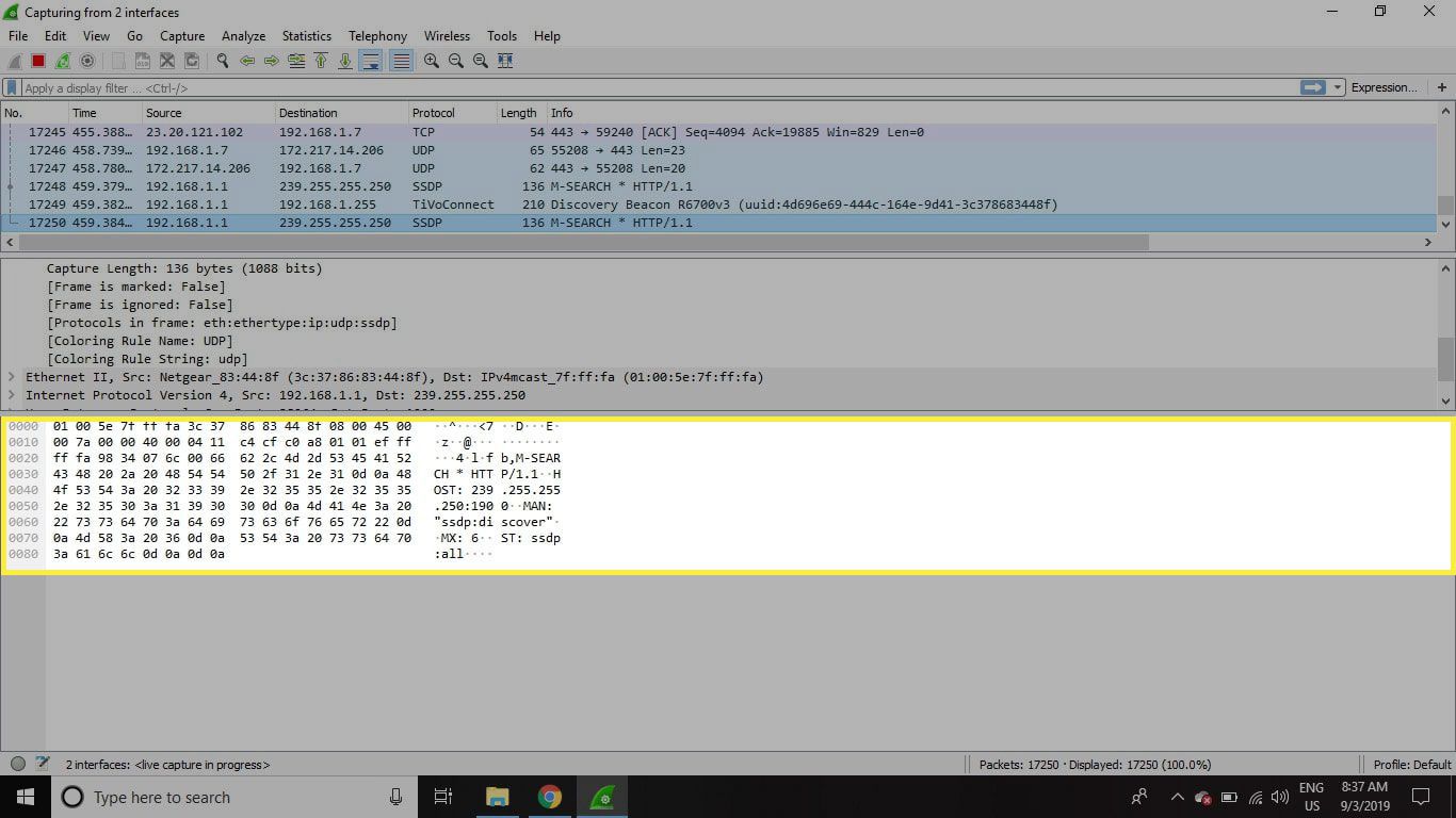 Snímek obrazovky Wireshark se zvýrazněným panelem Packet Bytes