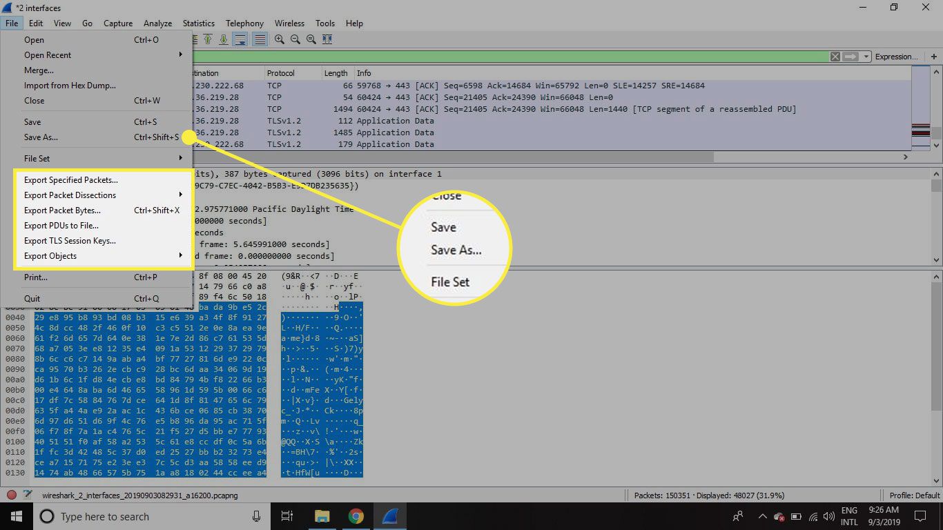 Snímek obrazovky Wireshark se zvýrazněným příkazem Uložit jako a Exportovat