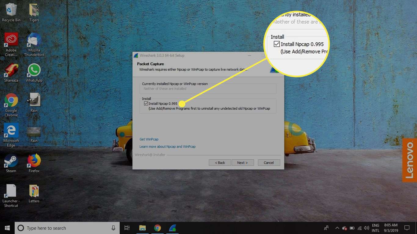 Screenshot obrazovky instalace Wireshark se zvýrazněnou možností „Install Npcpap“