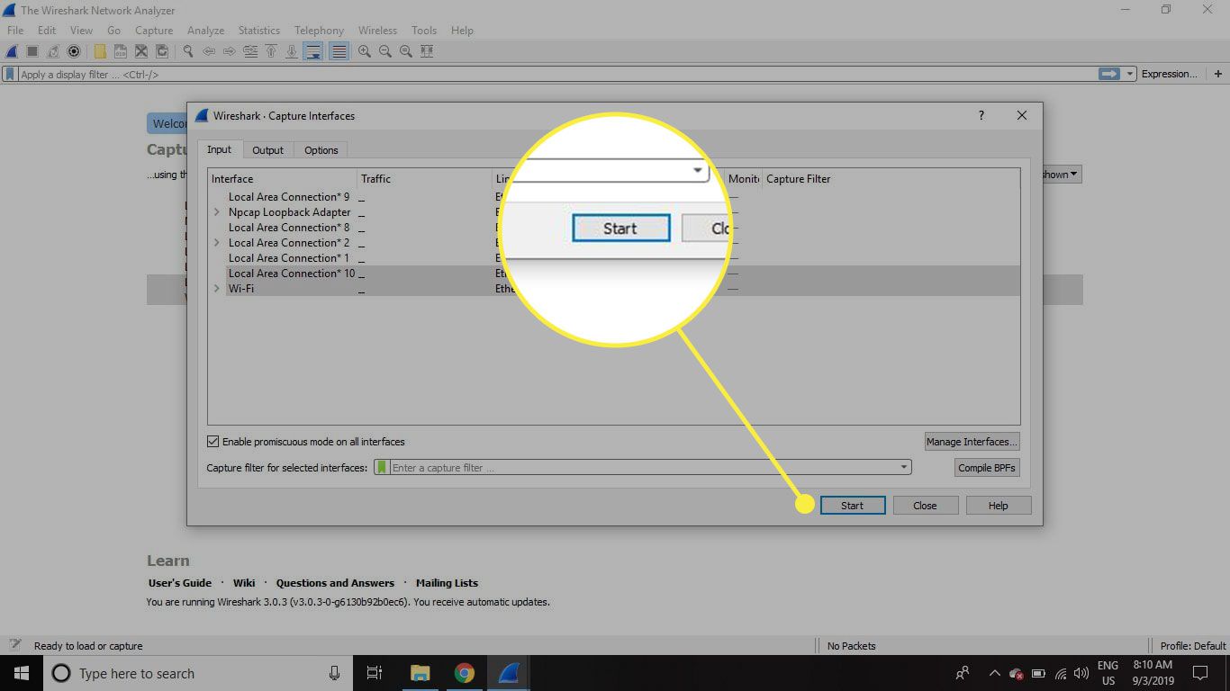 Snímek obrazovky okna rozhraní Wireshark pro zachycení se zvýrazněným tlačítkem Start