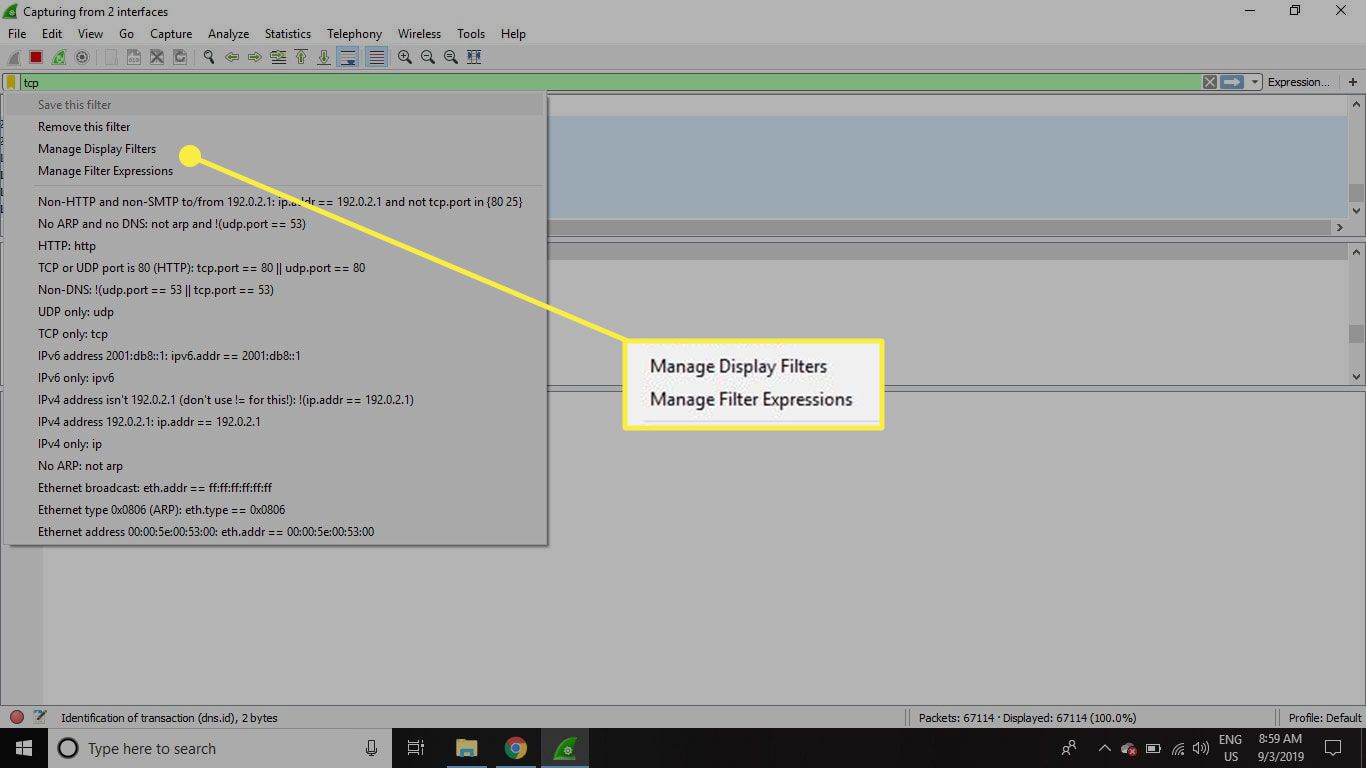 Snímek obrazovky Wireshark s vysoce spravovanými příkazy Manage Display Filters a Manage Filter Expressions