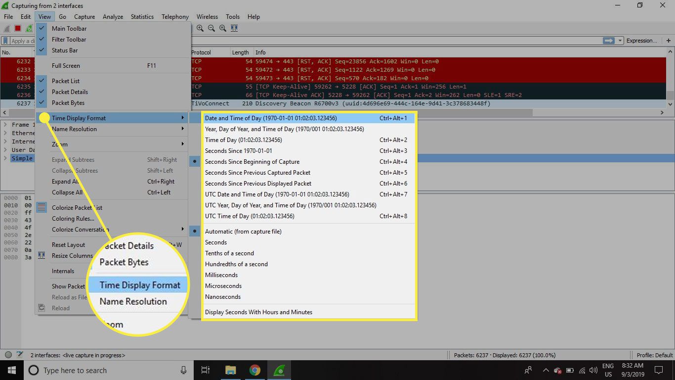 Screenshot Wireshark se zvýrazněným příkazem Time Display Format a volbami