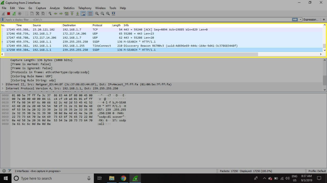 Snímek obrazovky Wireshark se zvýrazněným panelem paketů