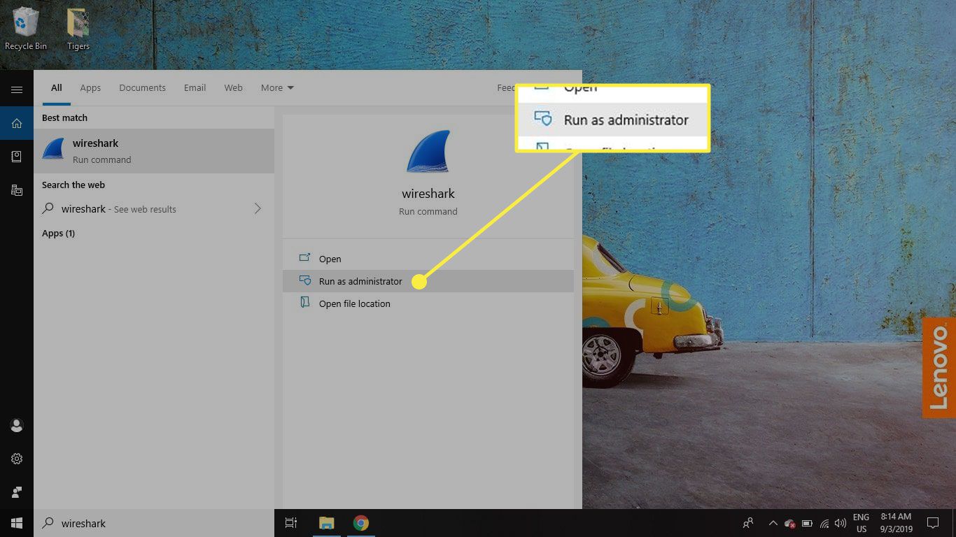 Screenshot obrazovky s informacemi Wireshark ve Windows 10 s "Spustit jako administrátor" možnost zvýrazněna