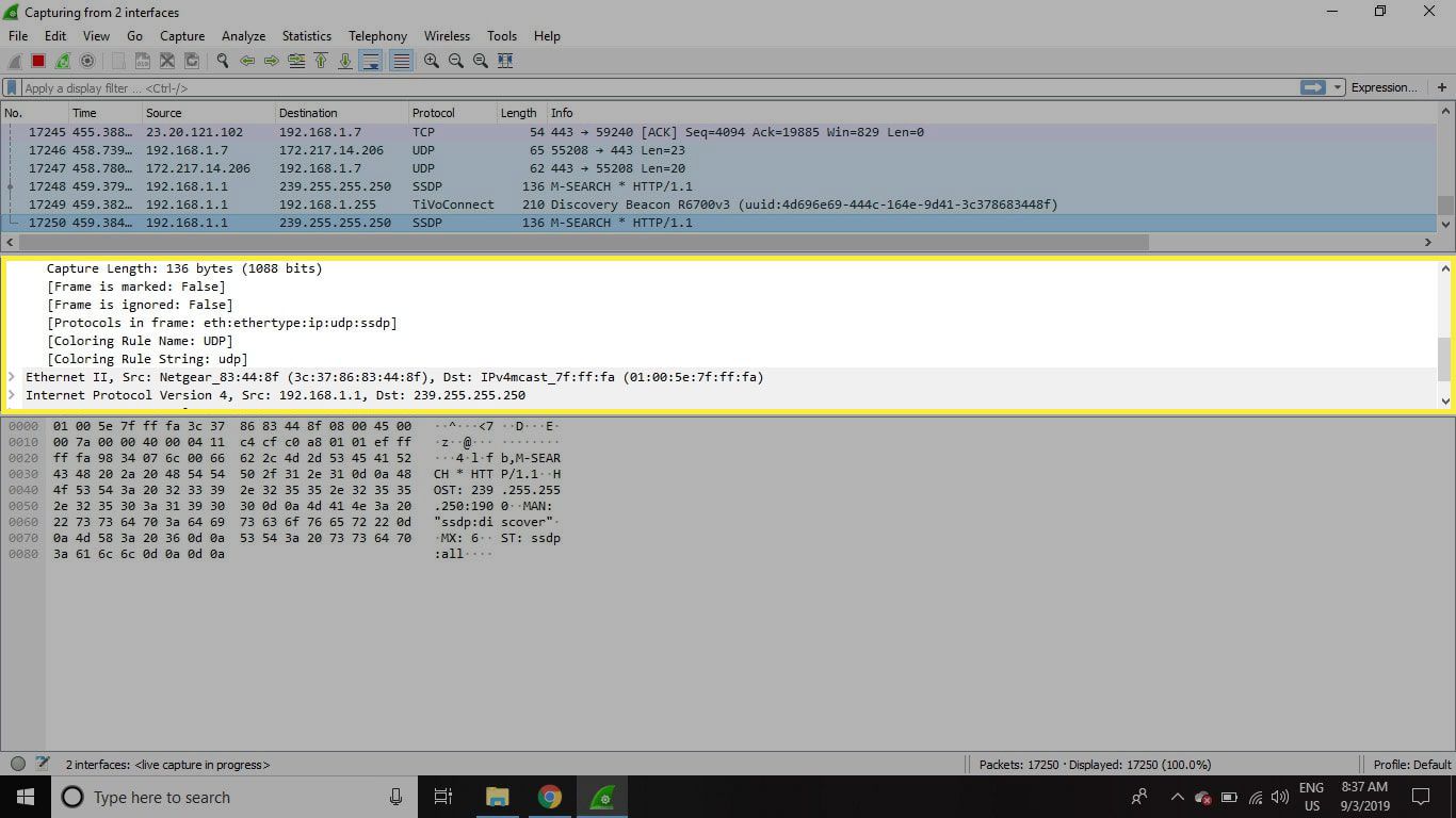 Snímek obrazovky Wireshark se zvýrazněným panelem Packet Details