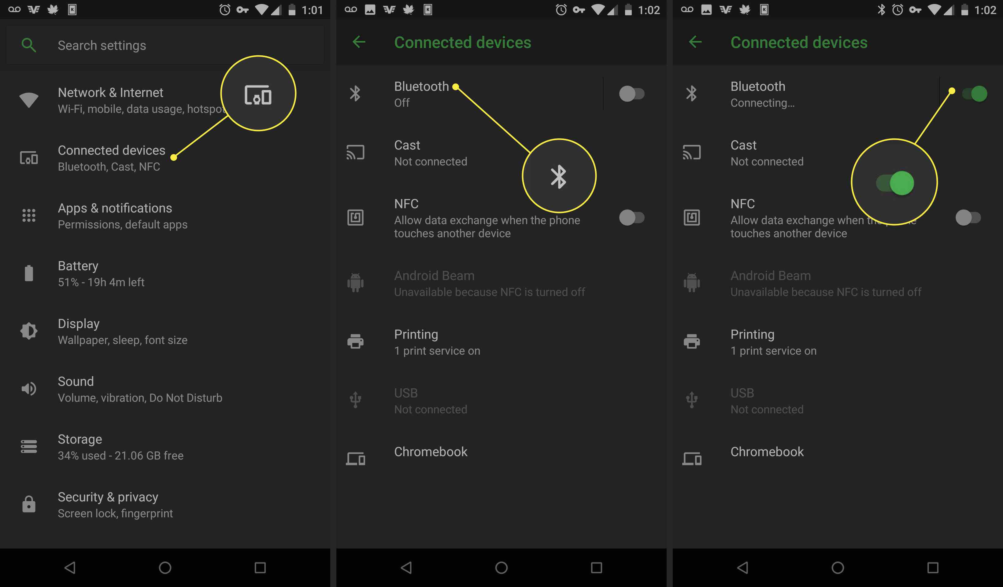 Screenshoty ze zařízení Android zobrazující přepínací přepínač Bluetooth