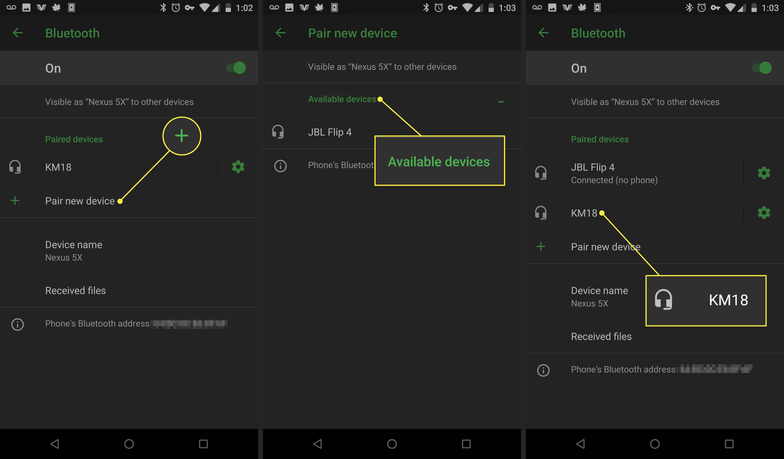 Screenshoty zařízení Android ukazující, jak spárovat zařízení přes Bluetooth