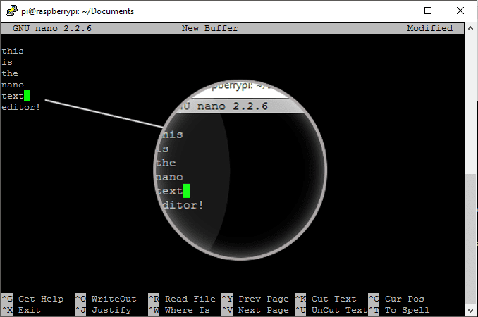 Nano v terminálu, preferovaný textový editor pro Raspberry Pi
