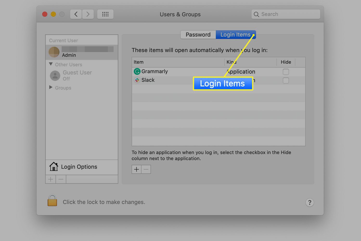 Na obrazovce předvoleb Uživatelé a skupiny systému Mac je vybrána karta Přihlašovací položky