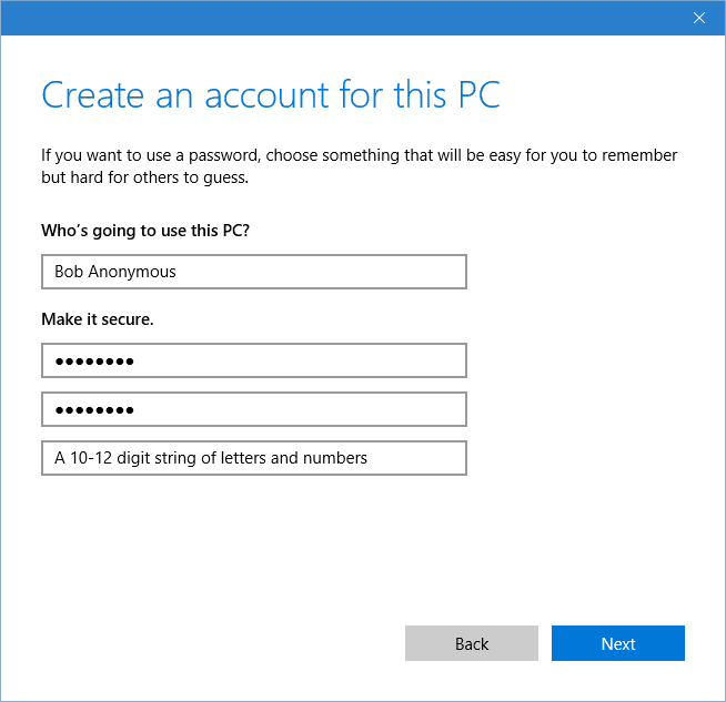Obrazovka vytvoření místního účtu Windows 10.