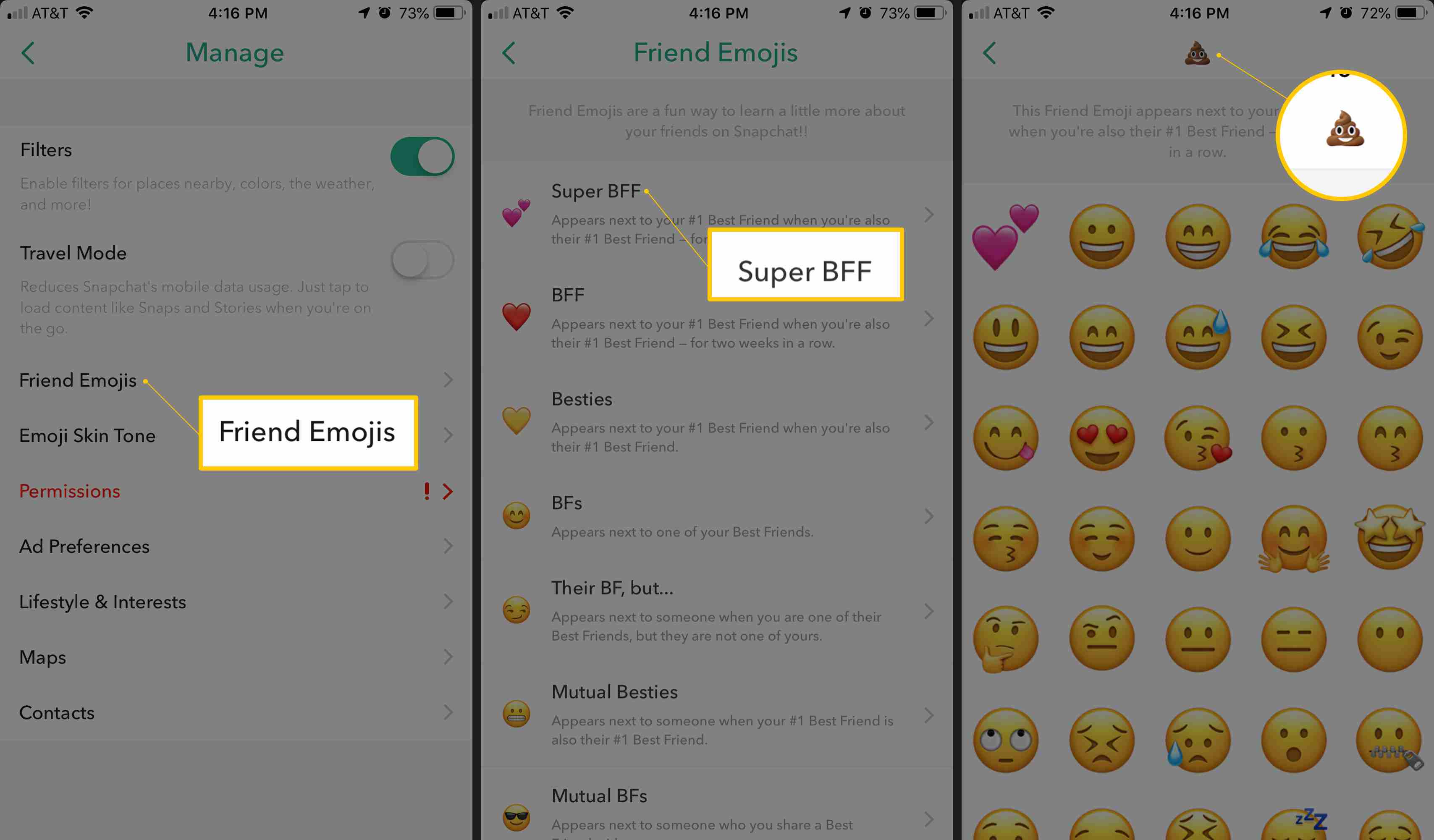 Emodži přítele, super BFF a hromádka emo emodži v Snapchatu
