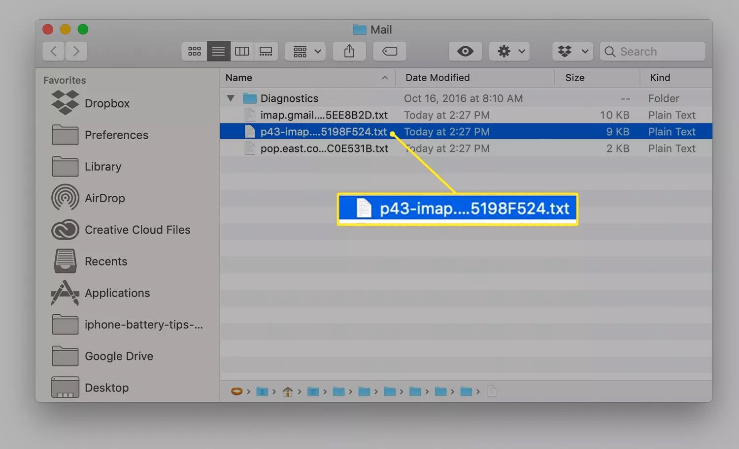 Aplikace Apple Mail se zobrazeným a zvýrazněným protokolem