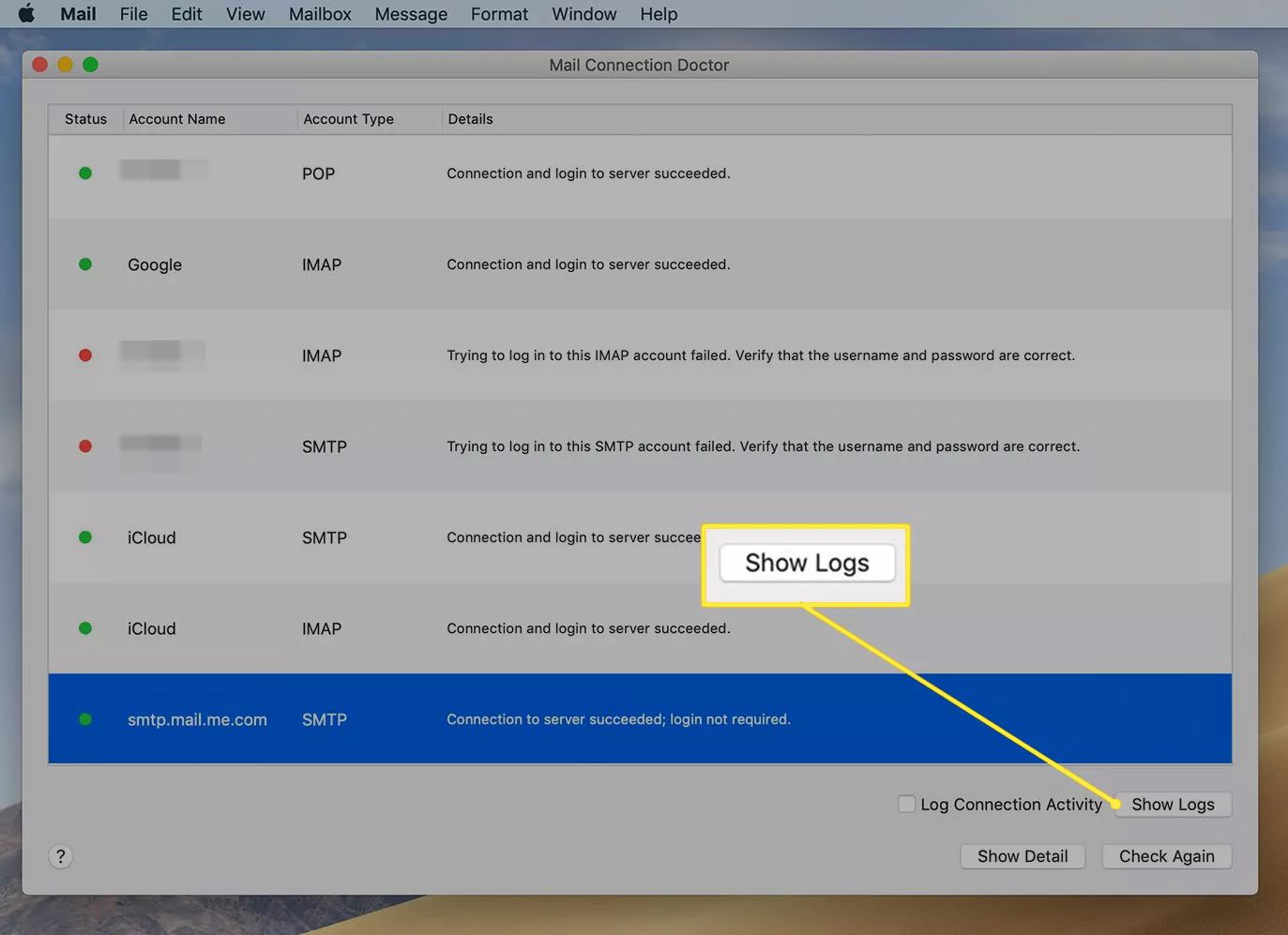 Okno Mail Connection Doctor aplikace Apple Mail se zvýrazněným tlačítkem „Zobrazit protokoly“