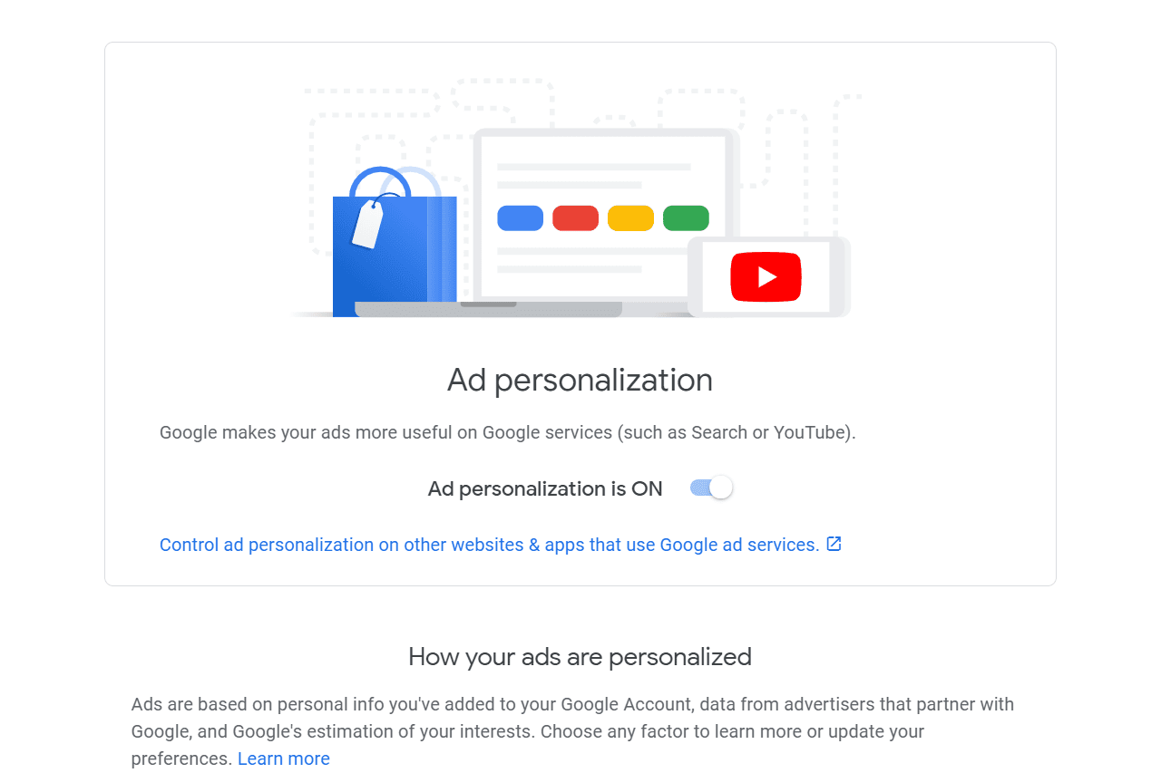 Obrazovka personalizace reklam v účtu Google