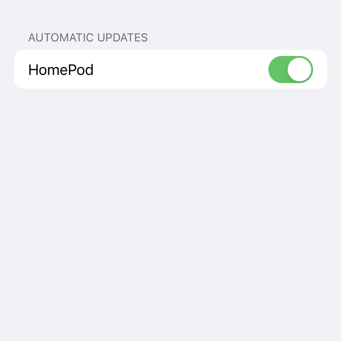 Screenshot aplikace Home s povoleným přepínačem automatických aktualizací softwaru
