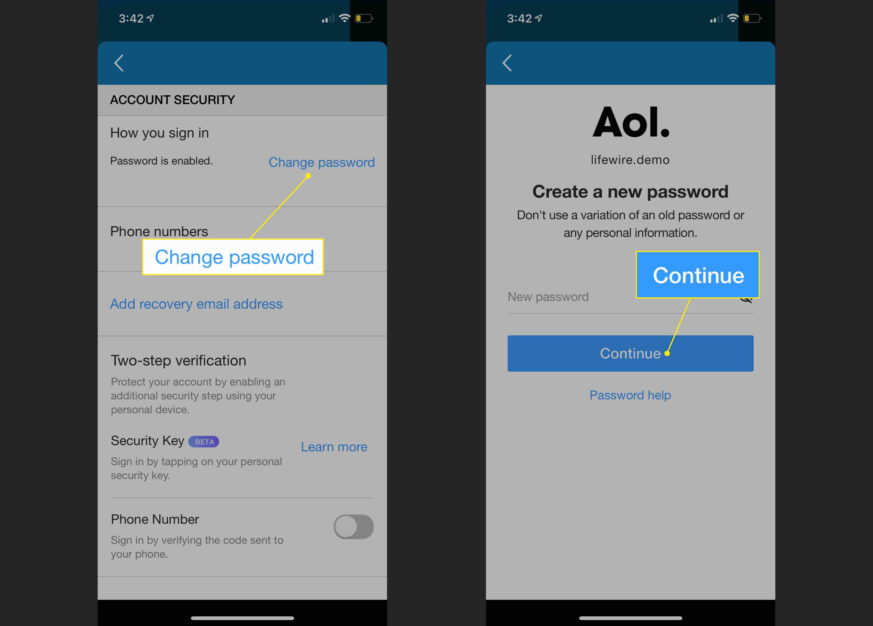 Odkaz „Změnit heslo“ a tlačítko pokračovat v aplikaci AOL