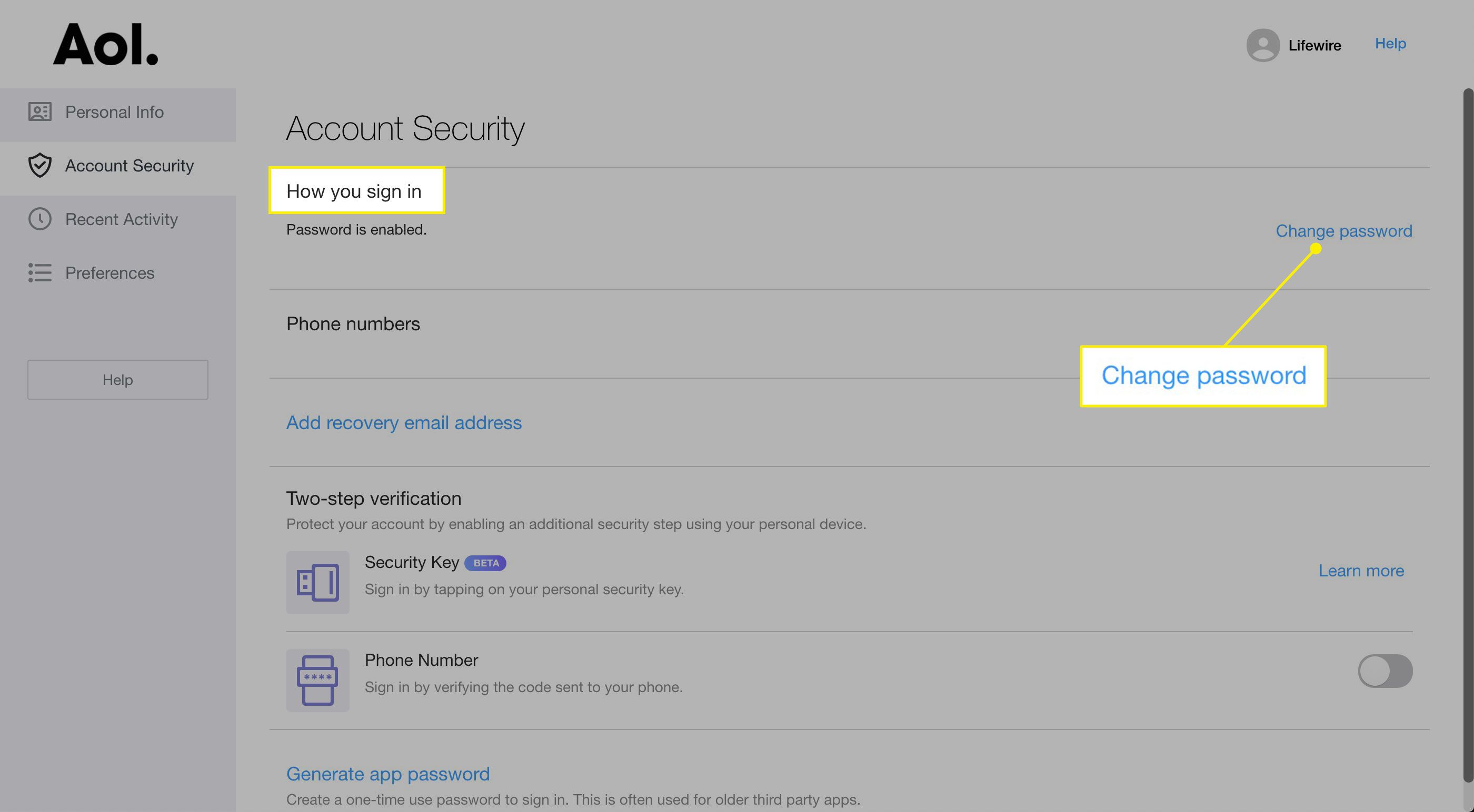 Odkaz Změnit heslo v části „Jak se přihlašujete“ v nastavení Zabezpečení účtu AOL