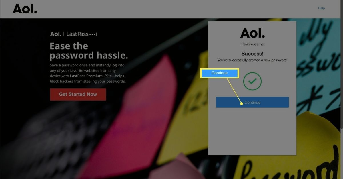 Tlačítko Pokračovat na obrazovce „úspěch“ pro změnu hesla na AOL