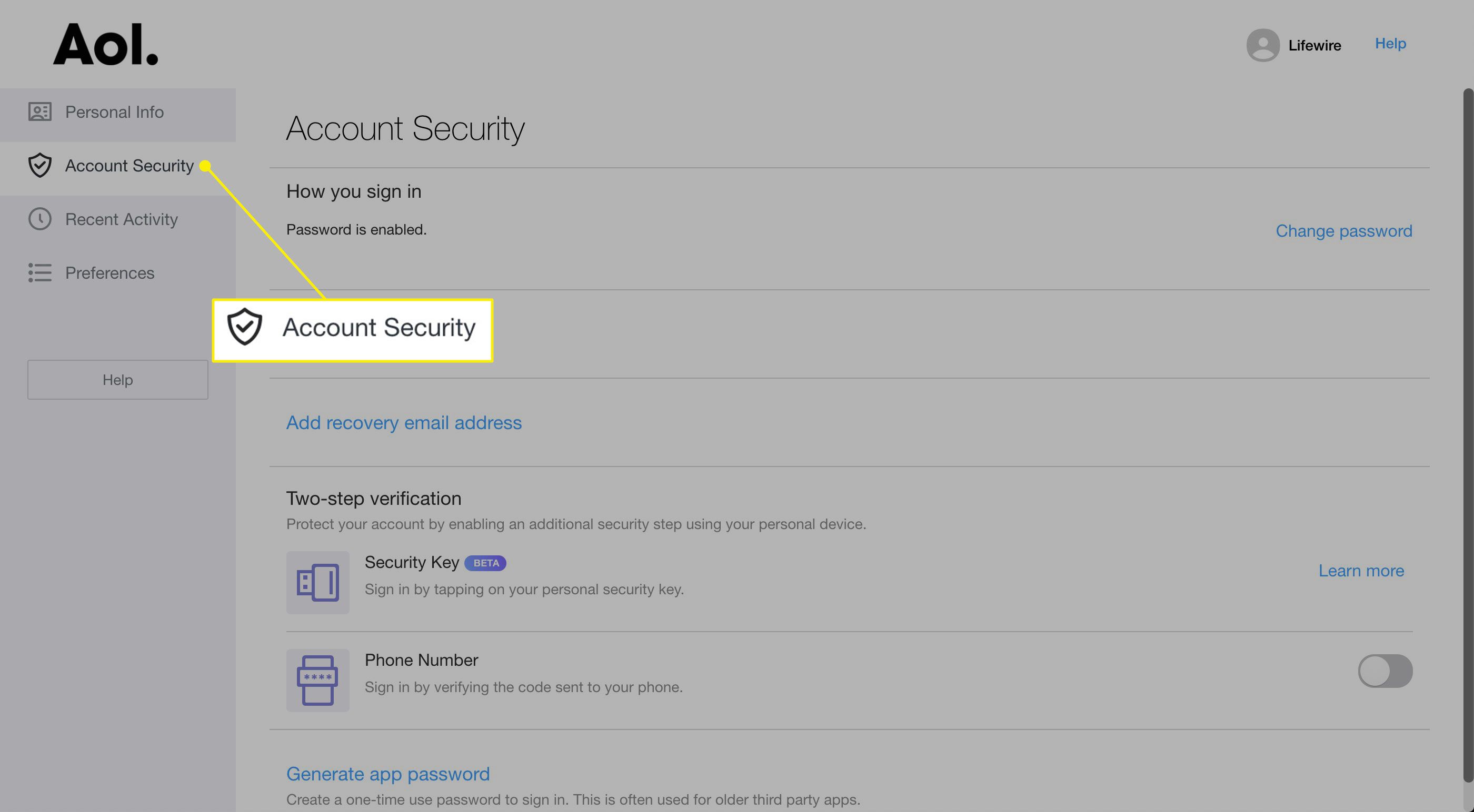 Nadpis Zabezpečení účtu v nastavení AOL