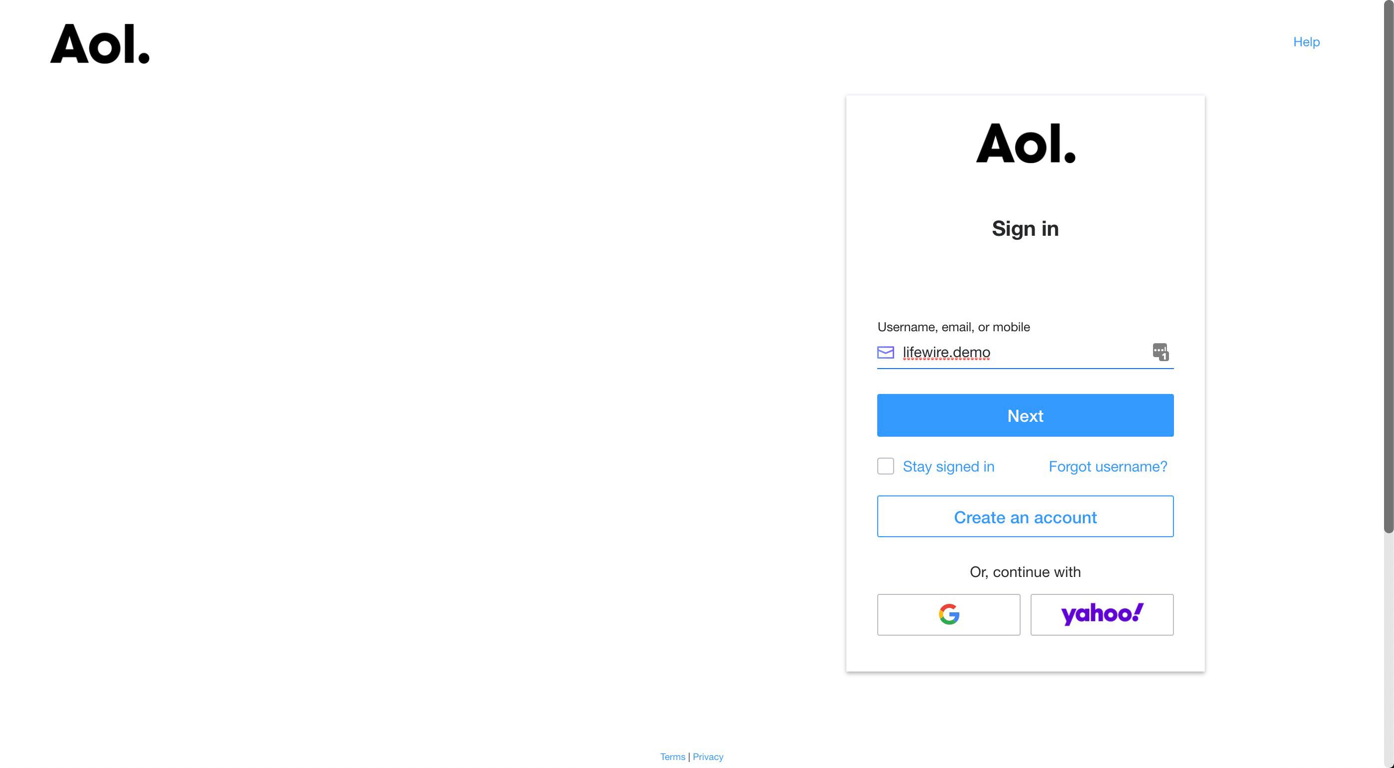 Přihlašovací obrazovka AOL
