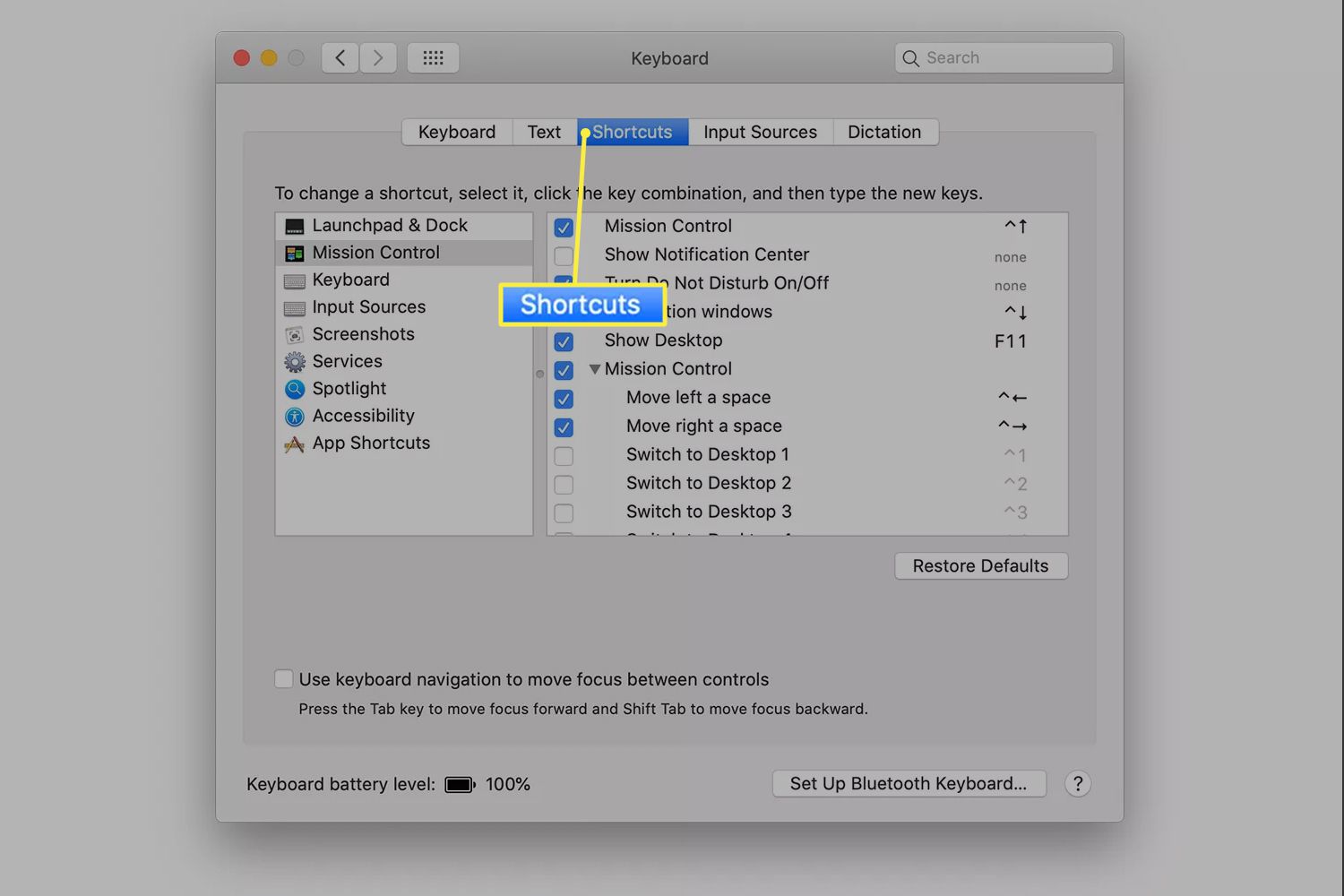 Předvolby klávesnice Karta Zkratky v systému macOS