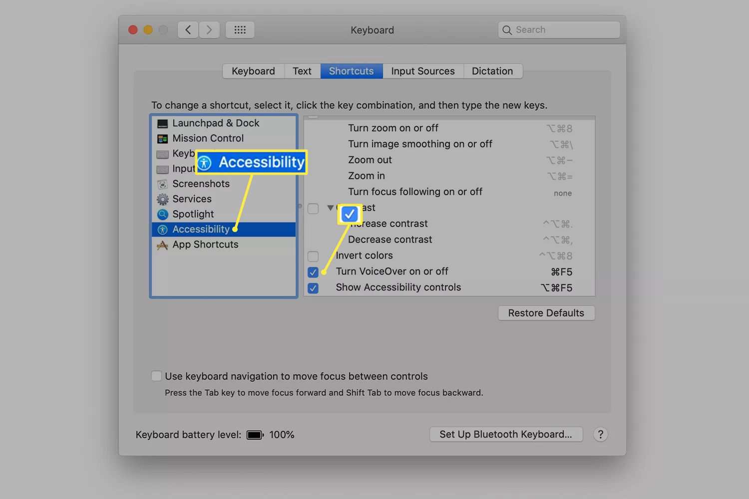 Možnosti klávesových zkratek pro usnadnění přístupu pro VoiceOver v systému macOS